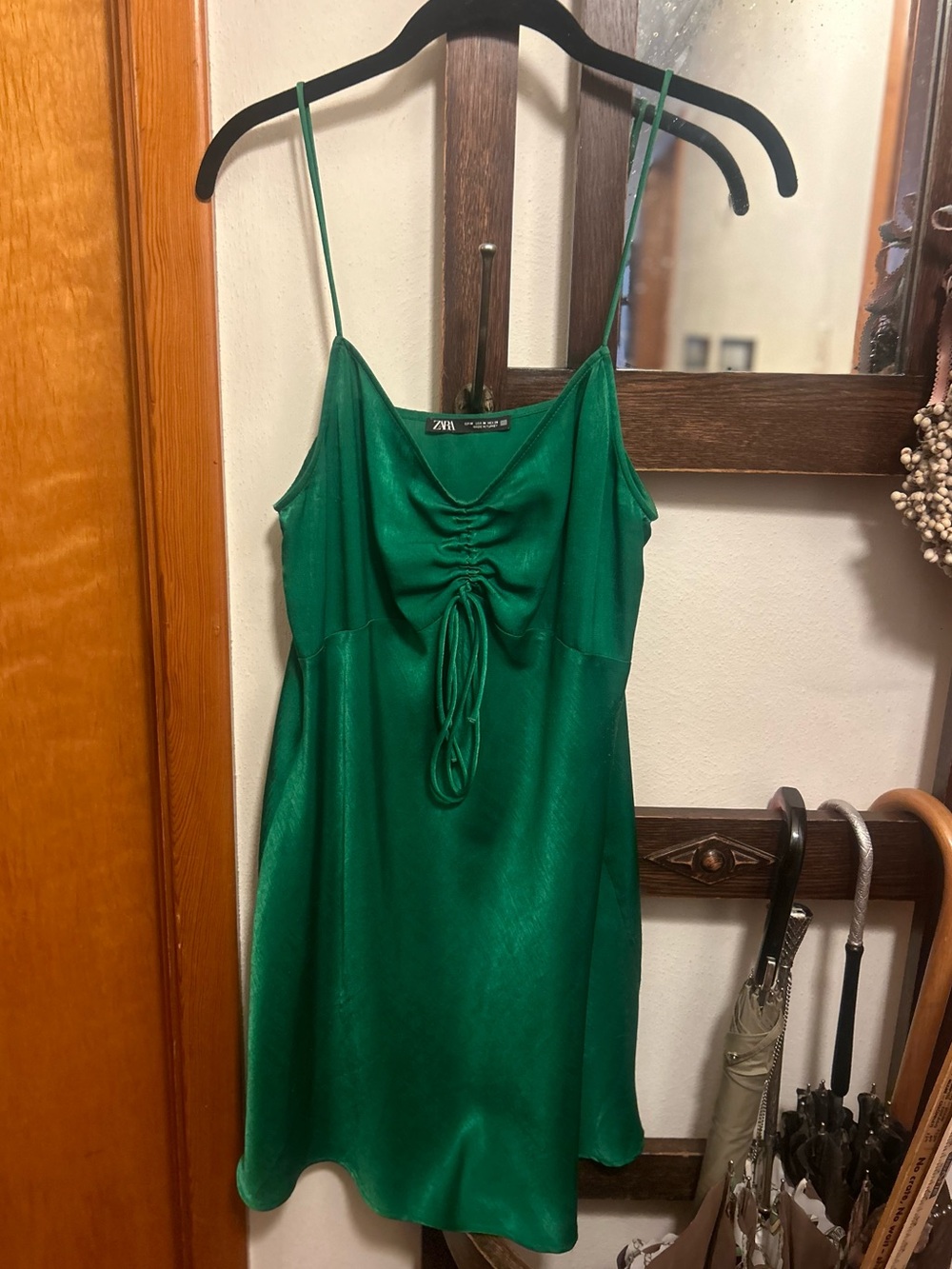 Zara Emerald Green Satin Ruched Mini Dress
